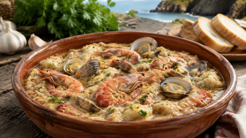 Açorda de Marisco portugaise au pain, crevettes et palourdes