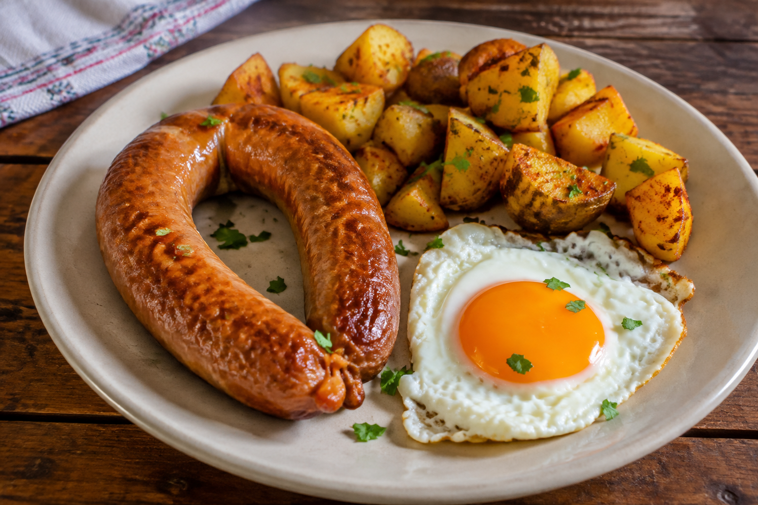 Alheira de Mirandela dorée avec œuf au plat et pommes de terre