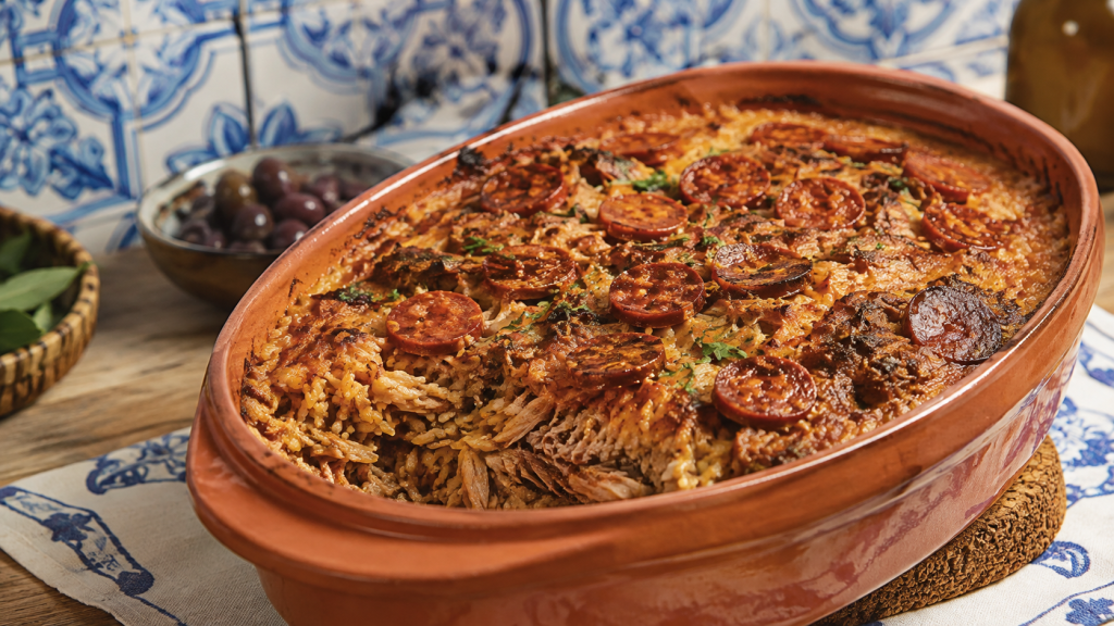 Arroz de Pato portugais, riz au canard gratiné avec chouriço