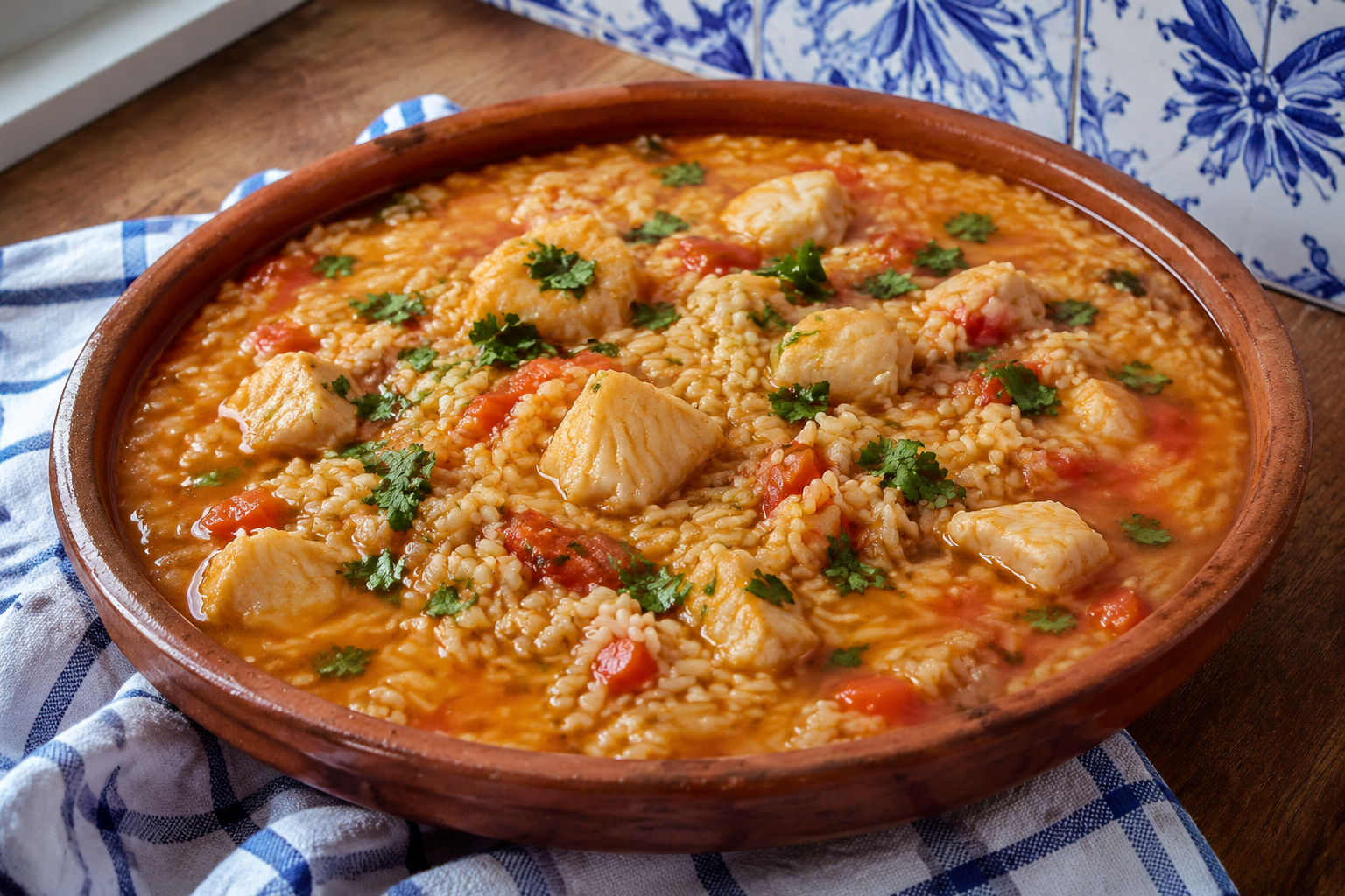 Arroz de Tamboril portugais, riz crémeux à la lotte et à la coriandre