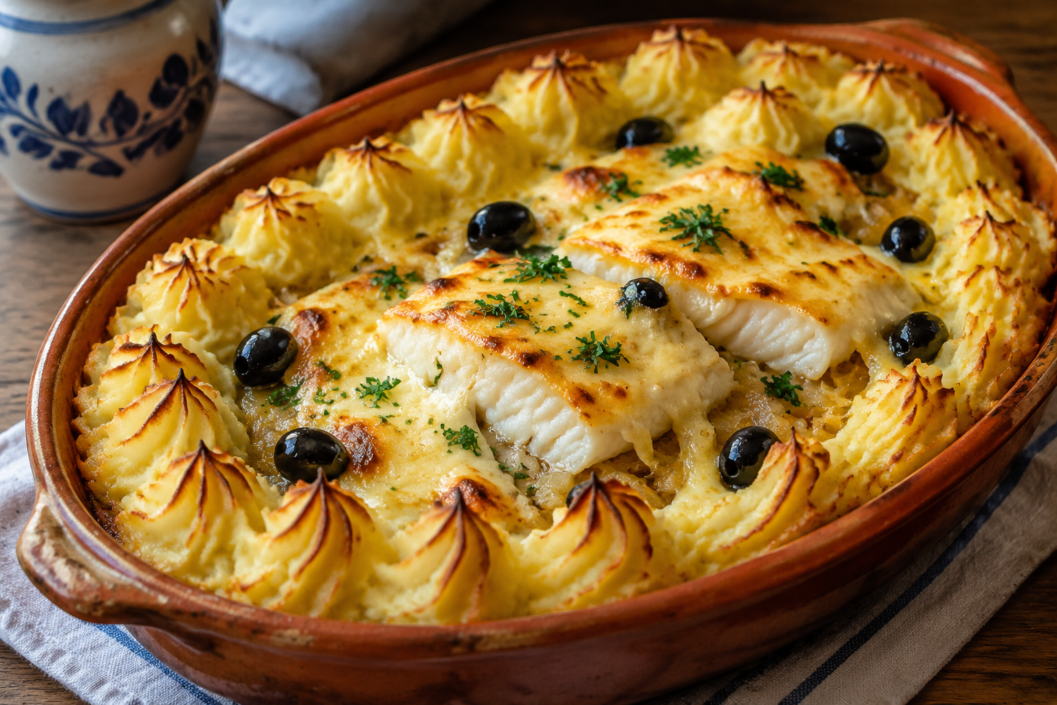 Bacalhau à Zé do Pipo gratiné avec purée, oignons et olives