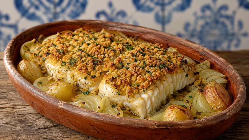 Bacalhau com Broa, morue portugaise en croûte de pain de maïs