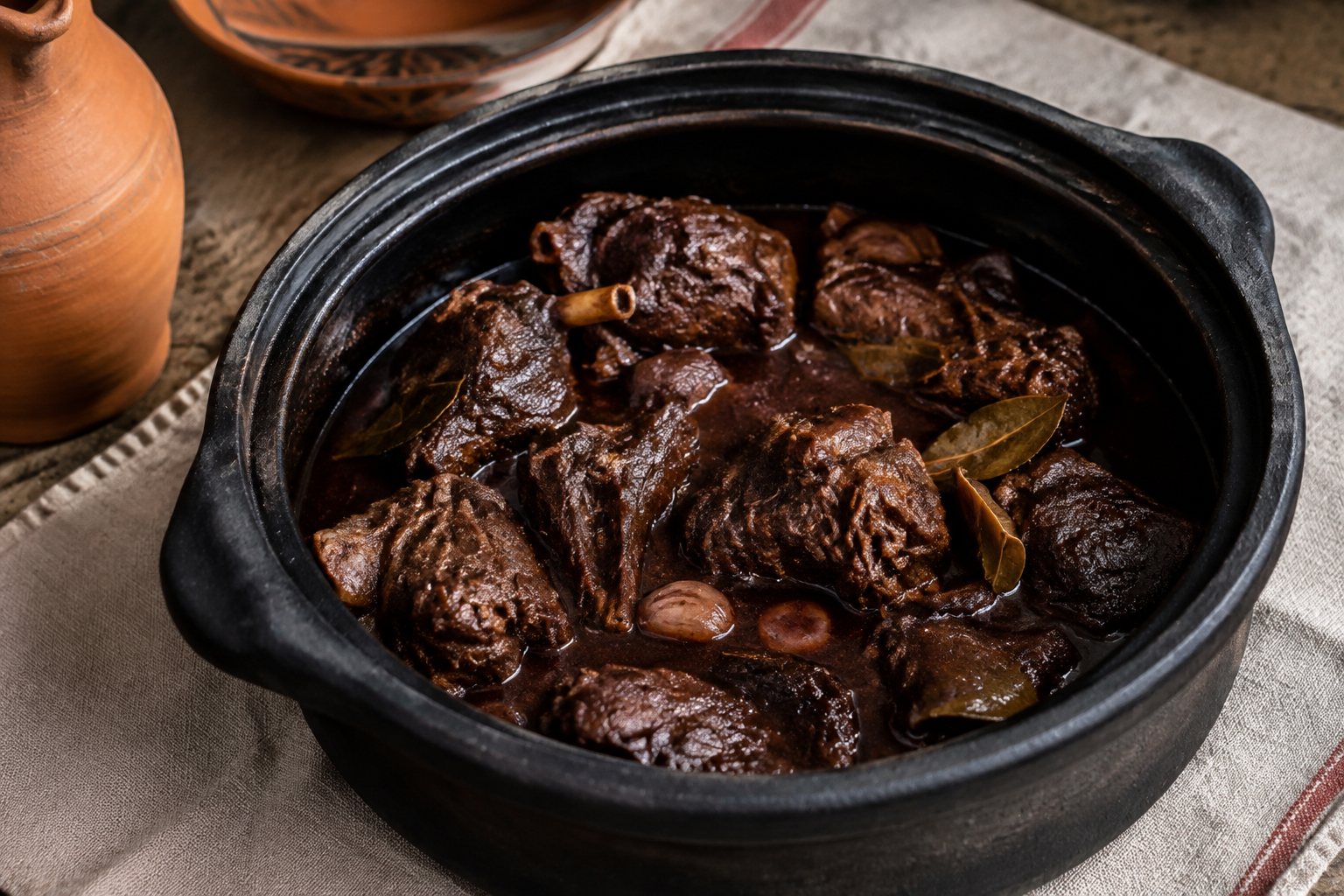 Chanfana portugaise, chèvre mijotée au vin rouge dans une cocotte en terre