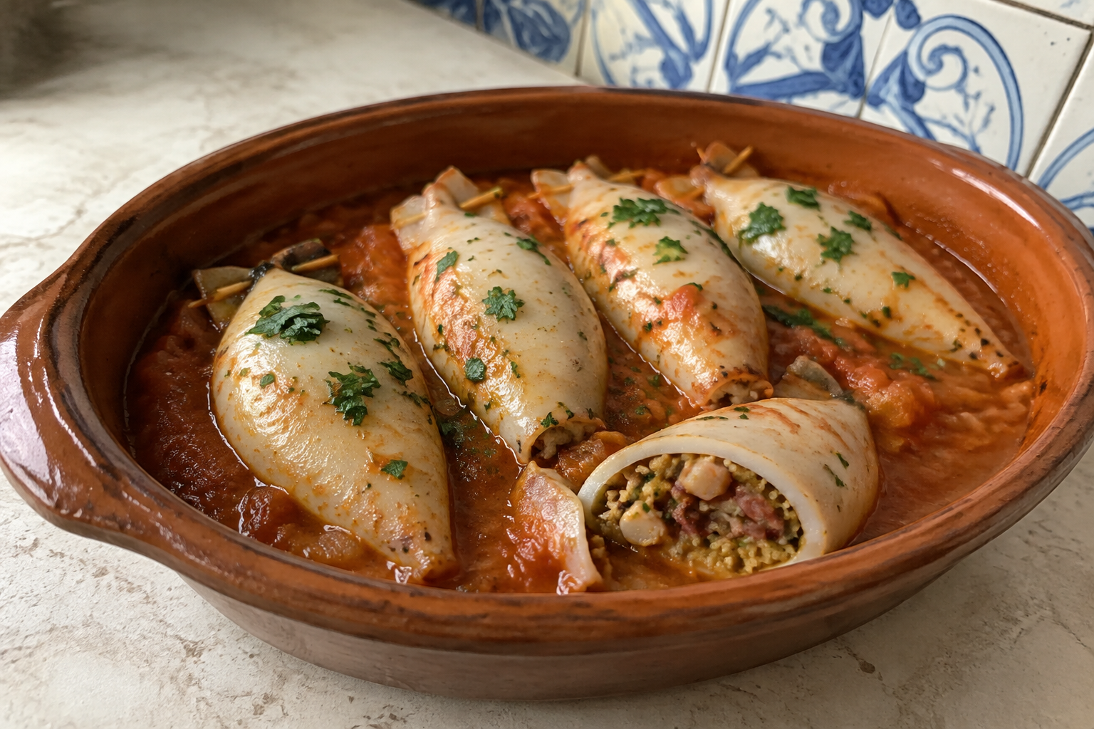 Lulas Recheadas portugaises, calamars farcis au chouriço en sauce tomate