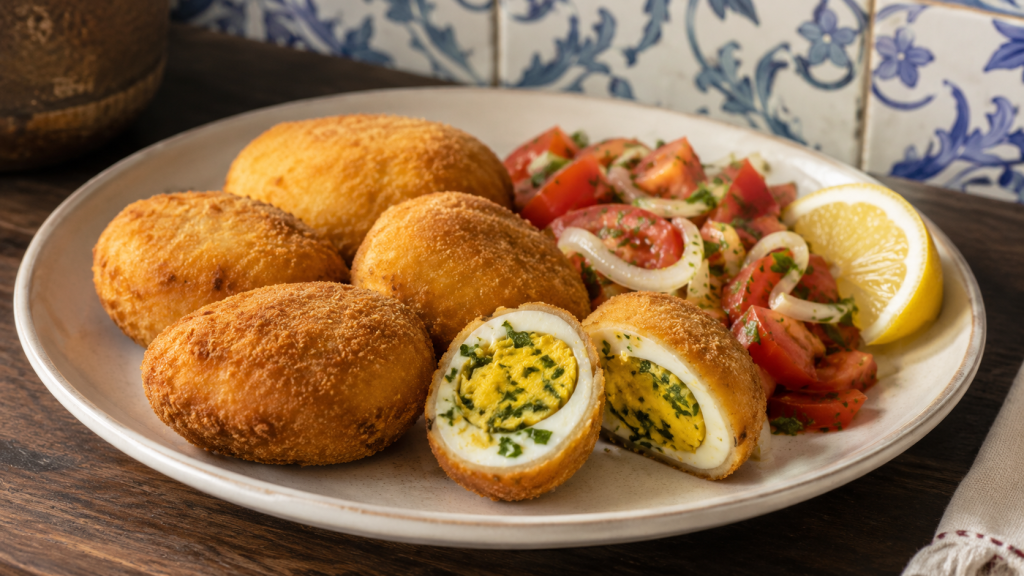Ovos Verdes portugais, demi-œufs farcis au persil et panés