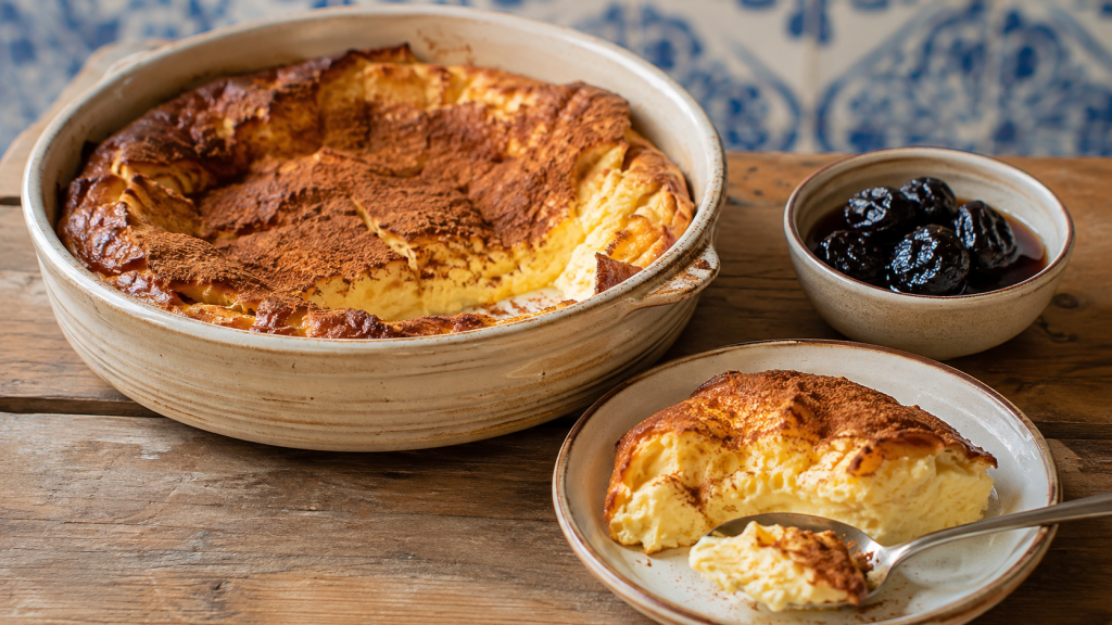 Sericaia de l’Alentejo à la cannelle avec prunes d’Elvas au sirop